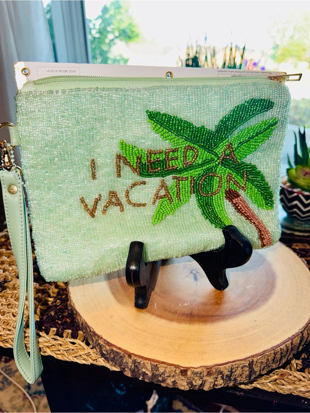 House of Harlow 1960 Beaded Travel Pouch Need A Vacation Green NWT $158